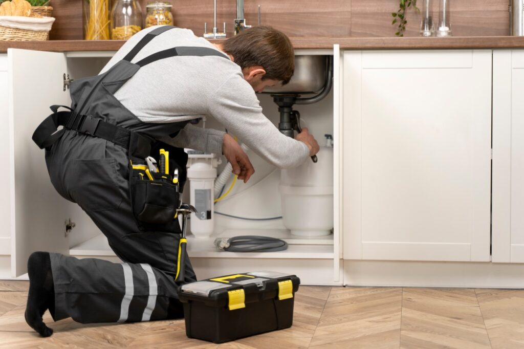 Plumber repairing sink